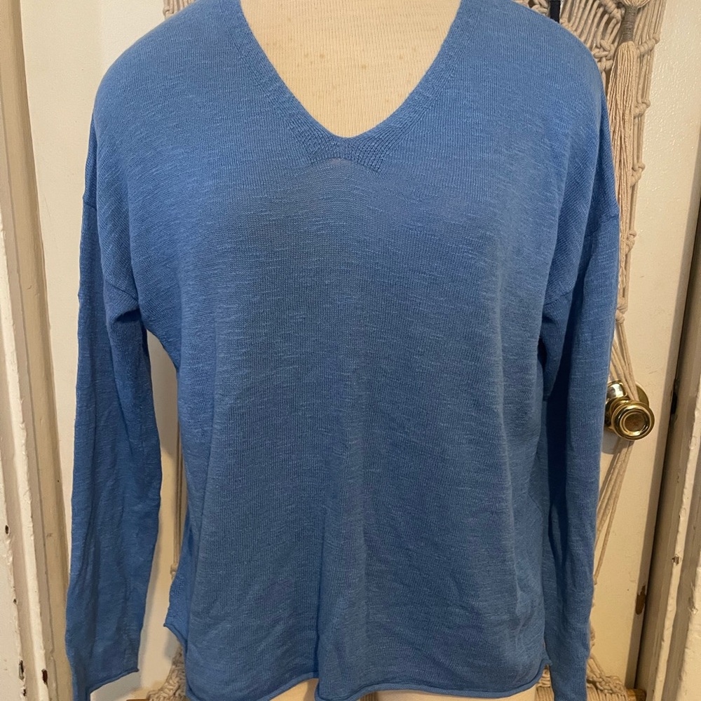 Eileen Fisher Womens Organic Linen Blend V Neck Sweater Size Sm Blue Lightweight